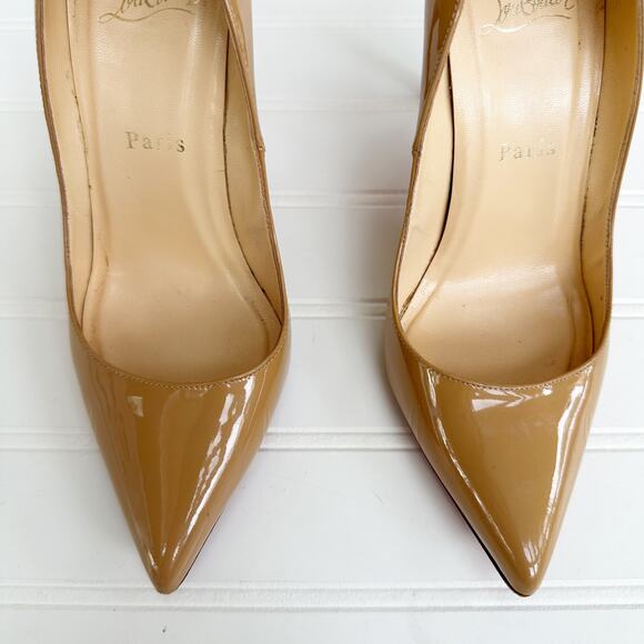 Christian Louboutin Tan Patent Leather Pointed Toe Pumps Nude Size 37 Heels - Picture 3 of 13